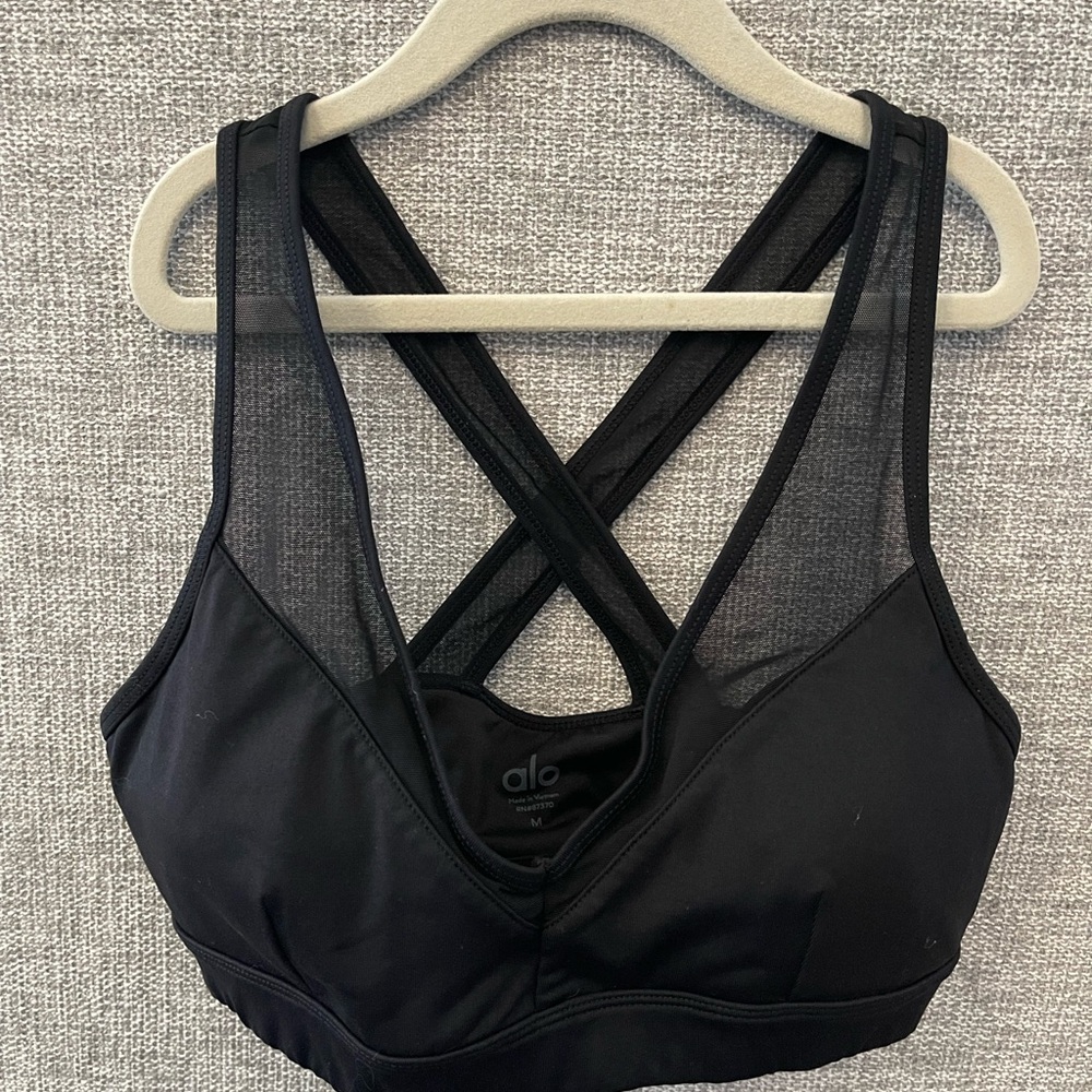 ALO Yoga Black Mesh Cross-Back Sports Bra